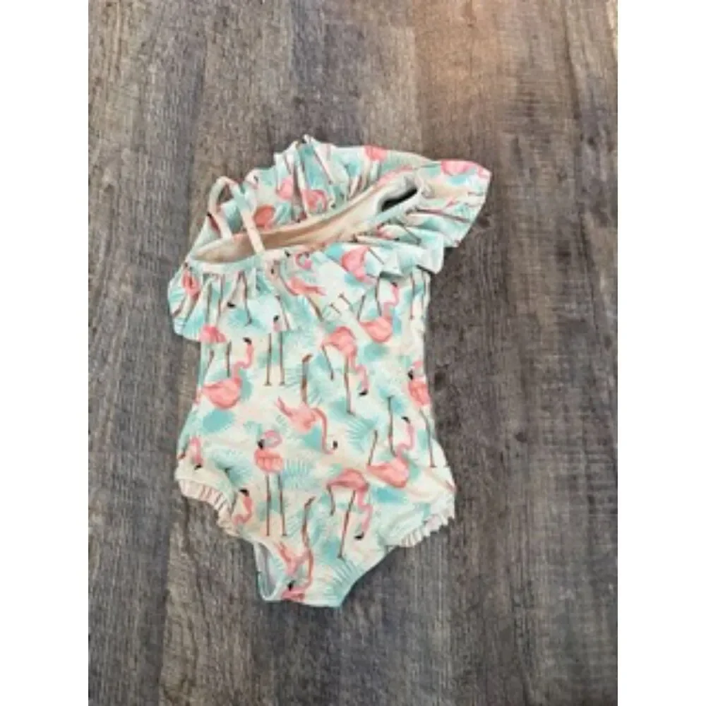 RuffleButts Girls 4T Flamingo Tropical Ruffle One Piece Swimsuit Aqua Pink